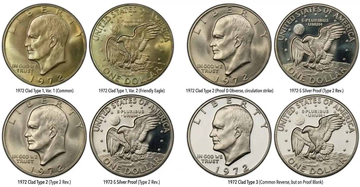 multiple 1972 Eisenhower dollar coin varieties