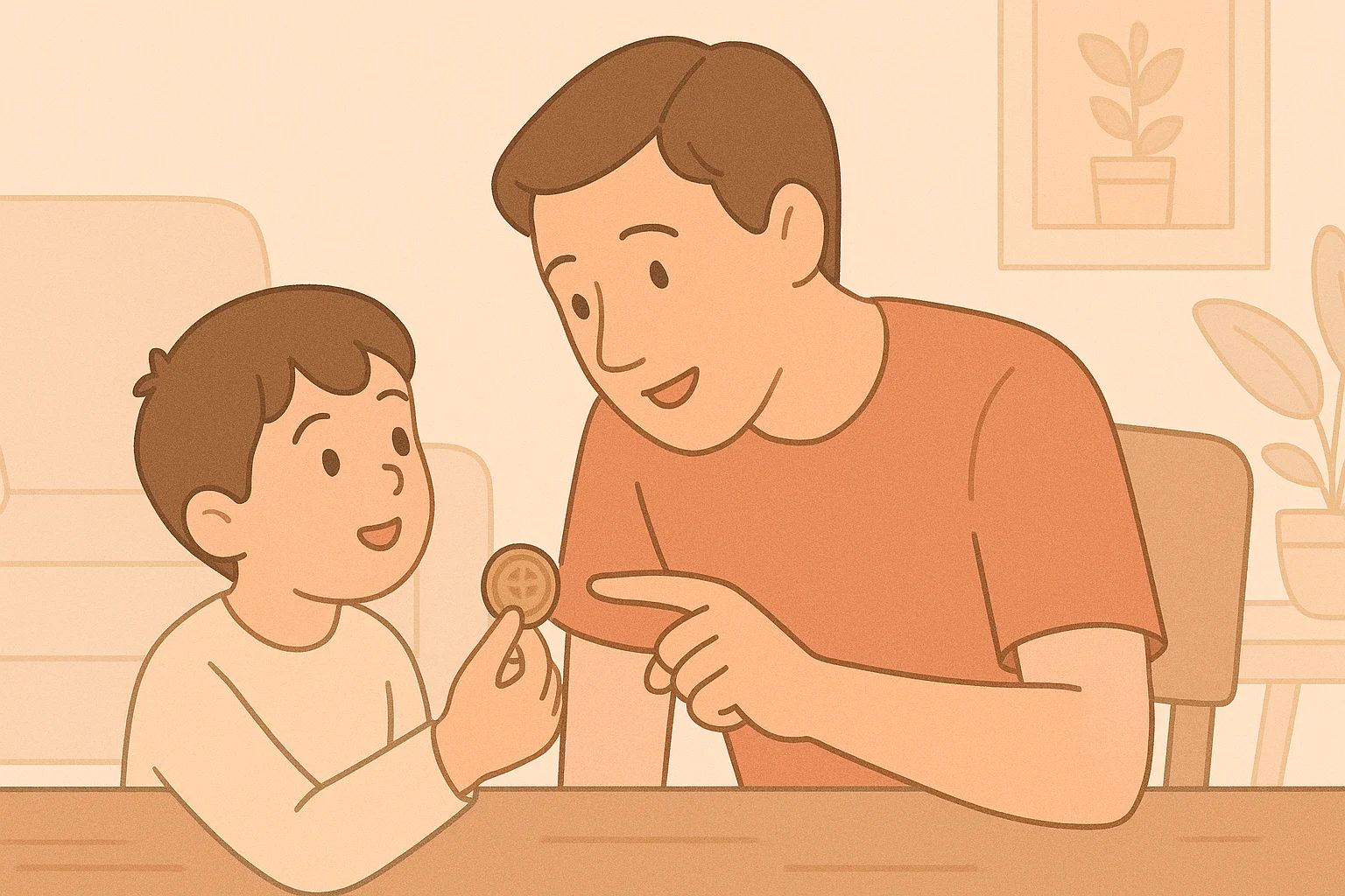 A child asks a parent about a foreign coin and its details.