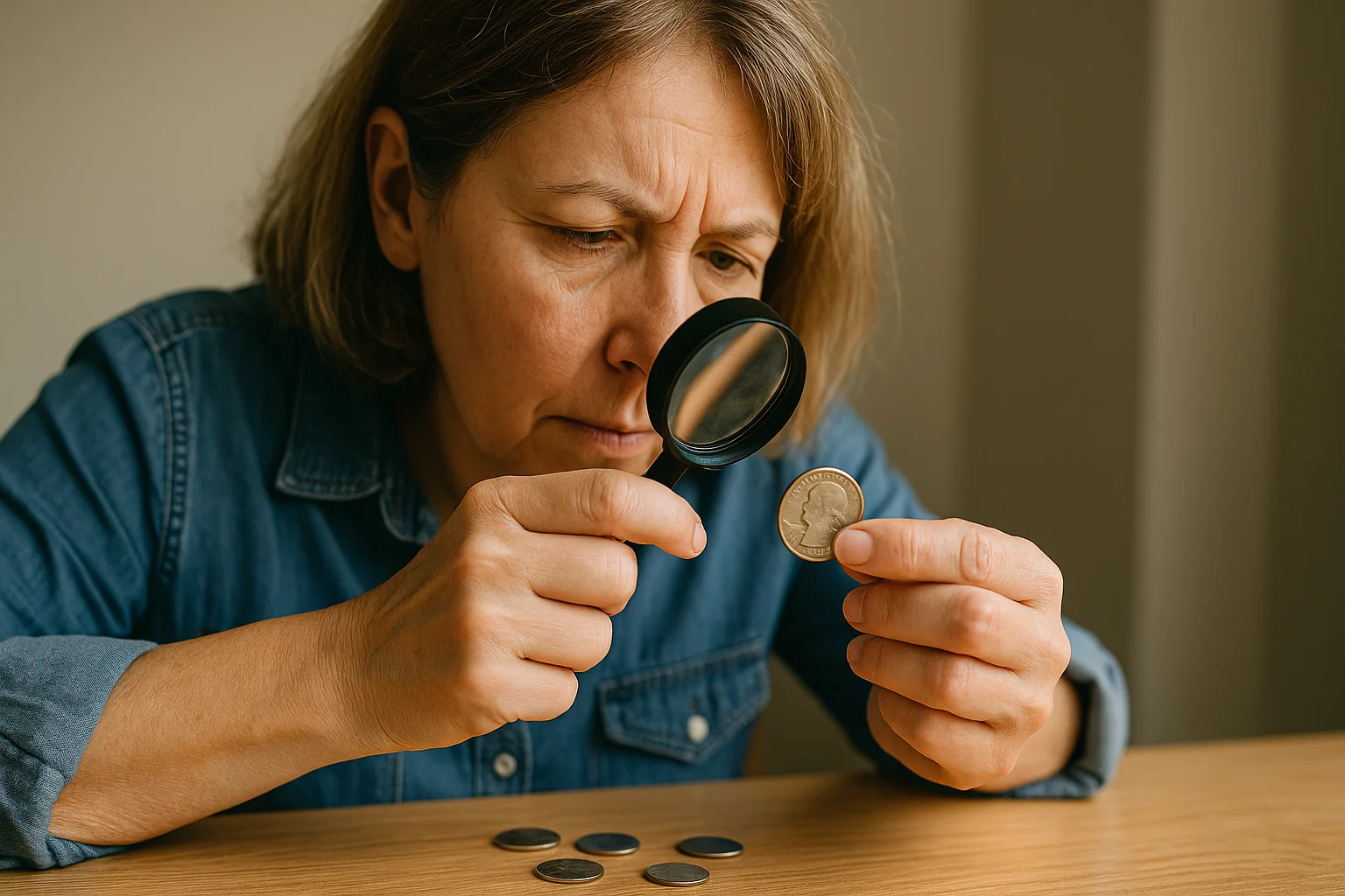 A focused middle-aged woman examines a quarter with a magnifying loupe, while other coins lie on the table in front of her.