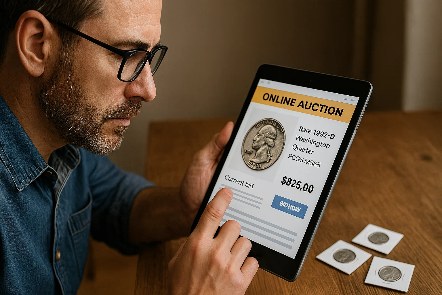 A man in glasses checks a rare quarter on an online auction site displayed on his tablet, with coin holders spread out on the table.